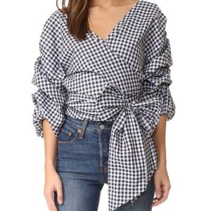 MLM Label Salo Wrap Gingham Black White Balloon Sleeve Details Top Medium Shirt
